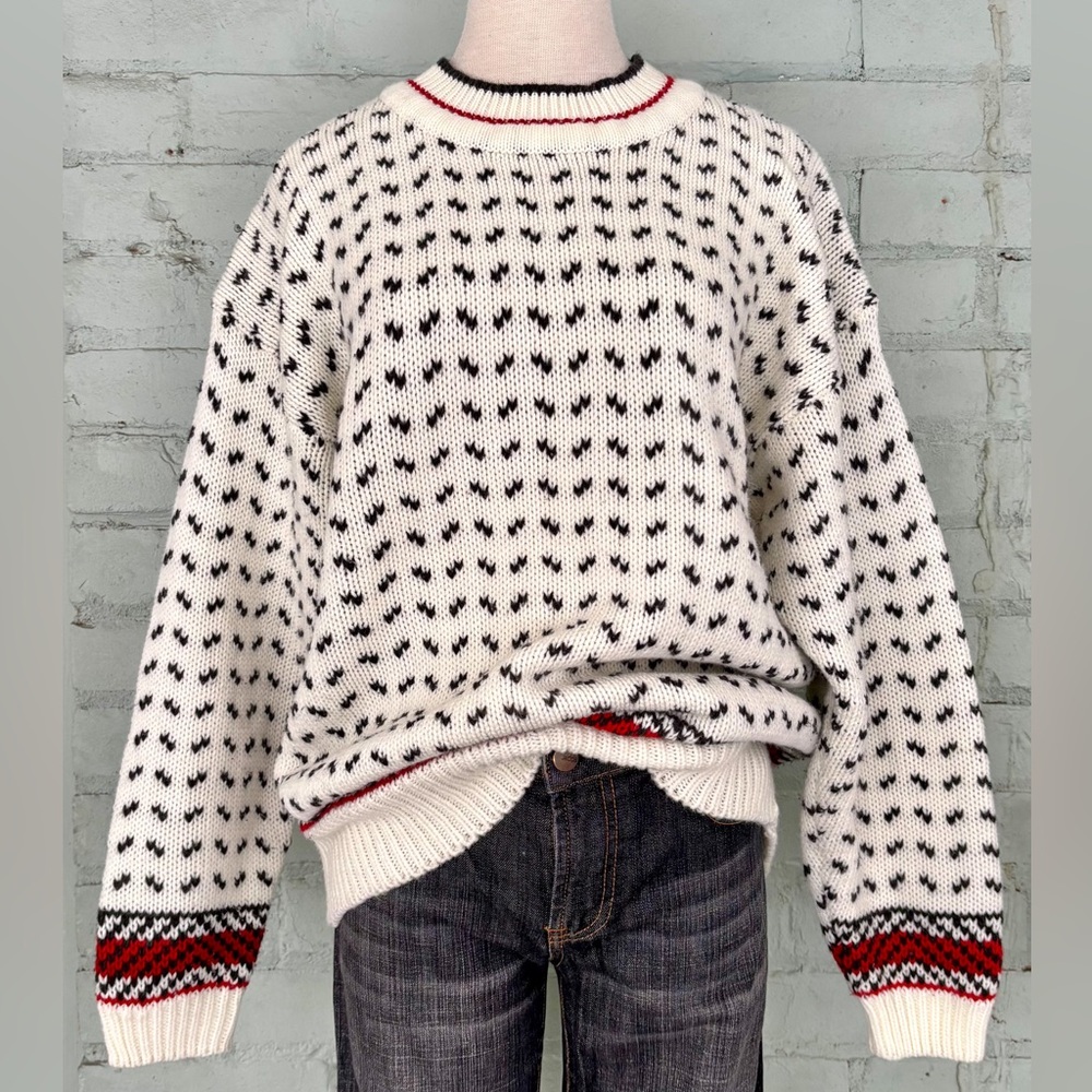 Vintage Chunky Cream Crew Neck Sweater  with Navy Blue Birds Eye Pattern